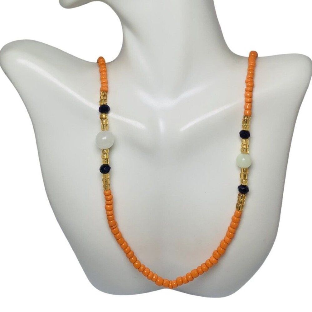 Womens Orange Beaded White Frosted Glass Station Vintage Necklace 29”